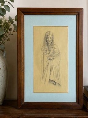 VTG Original Graphite Pencil Portrait Drawing Young Woman Framed & Matted Boho